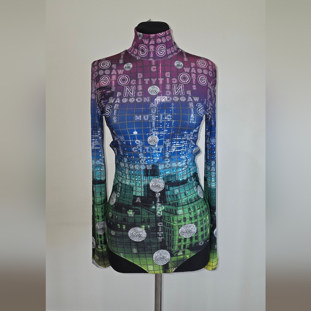 Waggon Multicolor Fitted Graphic Bodysuit with Long Sleeves And Crystals Decor S